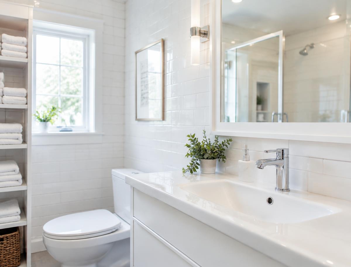 Clean bathroom with folded towels
